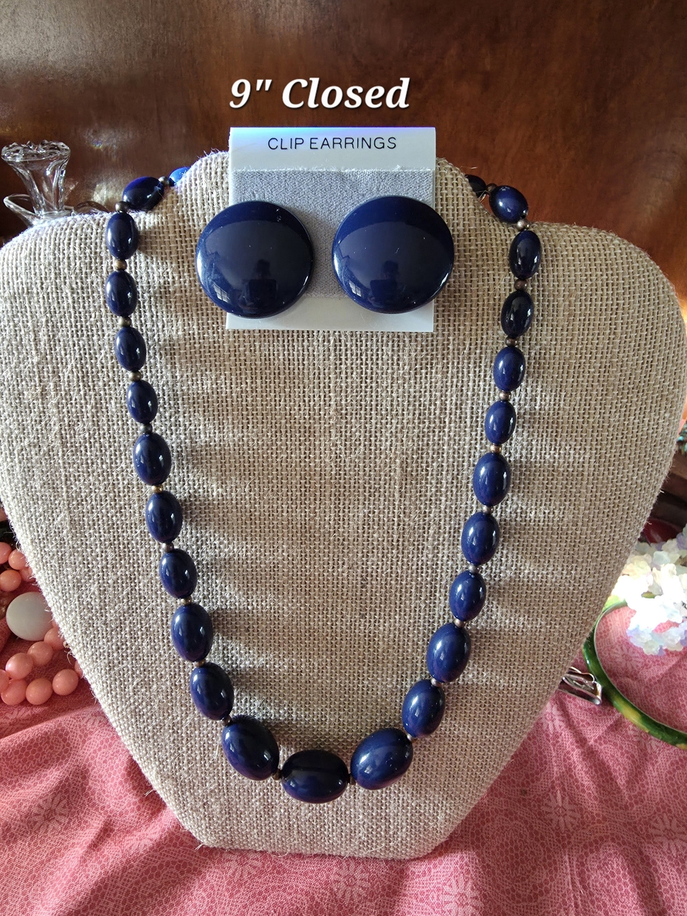 Vintage Navy Beaded Necklace and Clip Earrings Set - Unbranded